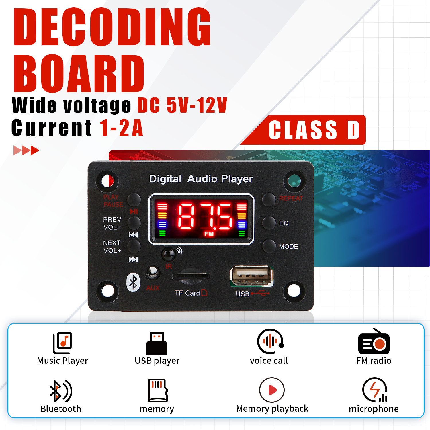 Audio Music Recorder - 12V Wireless Handsfree Bluetooth 5.0 MP3